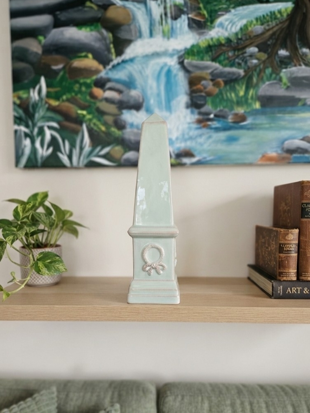Vintage 1980s Sage Green Ceramic Obelisk Sculpture 13" Neoclassical
